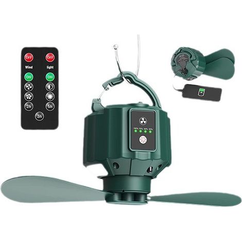 Ventilateur de camping rechargeable avec lumières LED - Télécommande, crochet de suspension, minuterie, 3 vitesses, 3 niveaux d'éclairage - Idéal pour les voyages sous la tente et les aventures en ple