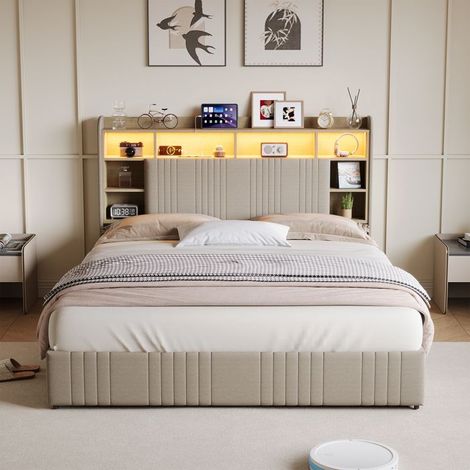 Letto matrimoniale - 140x200 - Testiera imbottita in lino beige - 4 cassetti di stoccaggio - LED RGB integrato