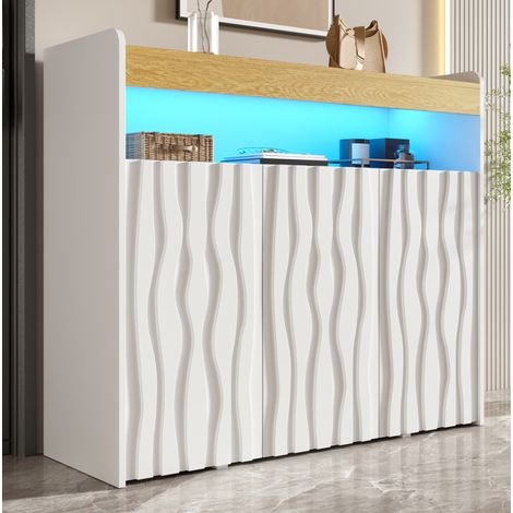 Meuble chaussures LED 3 portes, motif ondulé, 105 x 35 x 90,5 cm, blanc et naturel HAVRYA (1/5)