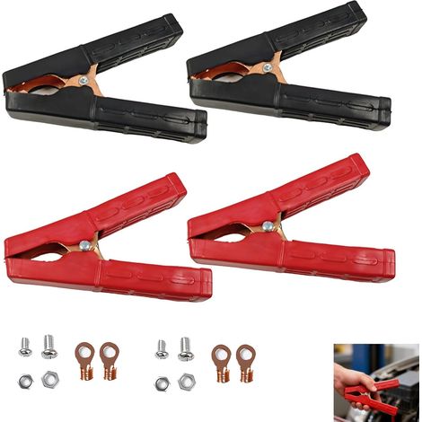 Lot de 4 Pinces Crocodiles 200A en Cuivre Pur avec Gaine Isolante pour Câbles de Démarrage, Pinces de Batterie de Voiture, Accessoires de Connexion pour Batterie, Couleurs Rouge et Noir Incluses (1/5)