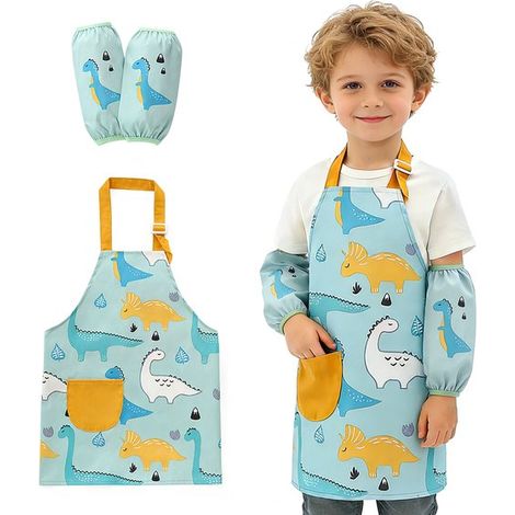 Set composto da grembiule e maniche regolabili e impermeabili per bambini. Grembiule da cucina con tasche per bambini e bambine, ideale per cucinare, preparare dolci, dipingere e fare giardinaggio. (1/5)