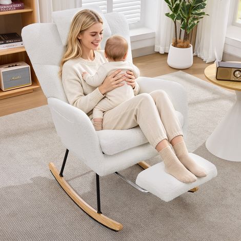 Fauteuil à bascule teddy 68,5x109x97,5 cm avec repose-pieds dépliant, avec poches latérales et coussin appui-tête, patins en bois, blanc (1/5)