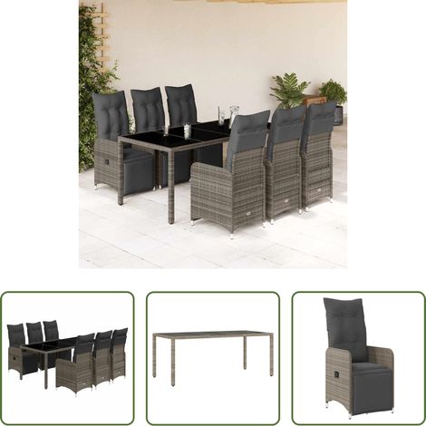 Gartentisch - 7-tlg. Garten-Bistro-Set mit Kissen Grau Poly Rattan (1/5)