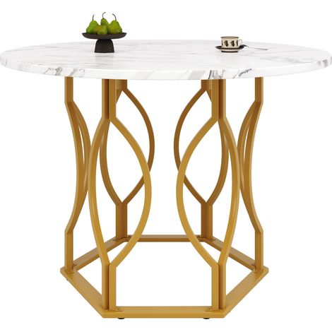 CHICFURN Mesa de comedor redonda 100 x 100 x 76 cm de MDF blanco y metal dorado para 4 personas (1/5)