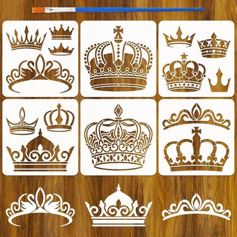 6 Pièces Pochoirs de Couronne avec un Pinceau 15x15cm Pochoirs de Couronnes Élégantes Gabarits Couronne Reine Roi Princesse Pochoir Couronnes Ouvragées pour Toile Bois Meuble Art Mural (1/5)