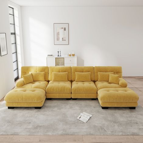 Sofá esquinero modular en U de chenilla amarilla con puf móvil OKWISH (1/5)