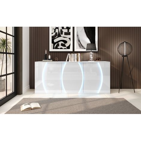 Meuble de salon blanc 150x40x70 cm, buffet haut brillant avec 3 portes, armoire de rangement LED, portes design, panneaux de particules, largeur 150 cm (1/5)