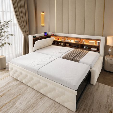 Divano letto estraibile 90x190 cm in velluto beige con contenitore, LED e porte USB/Type-C (1/5)