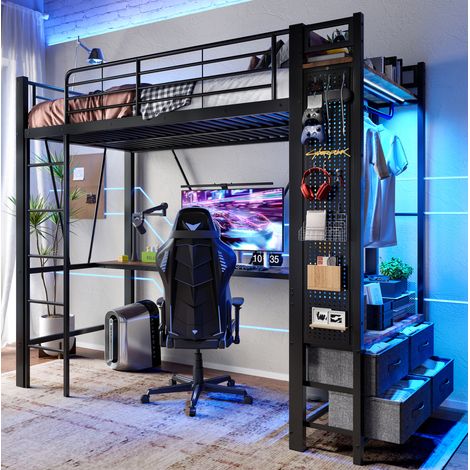 MEUBLIV Hochbett 90x200 cm schwarz – Schreibtisch, Stauraum und LED, ohne Matratze (1/5)