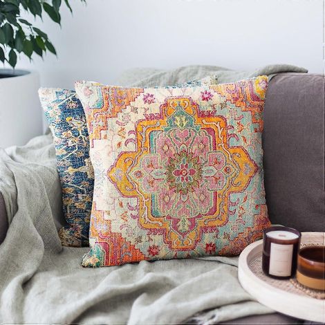 Housse de coussin décorative EternaNest Boho Vintage, motif tapis ethnique antique, orange, carrée, 45 x 45 cm, style bohème (1/4)