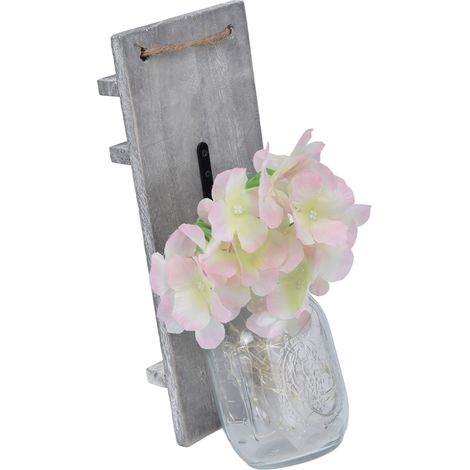 Lampe décorative murale vintage avec bouteille en verre et fleurs en soie, panneau bois gris, décoration créative pour porte et chambre, sans piles. (1/5)