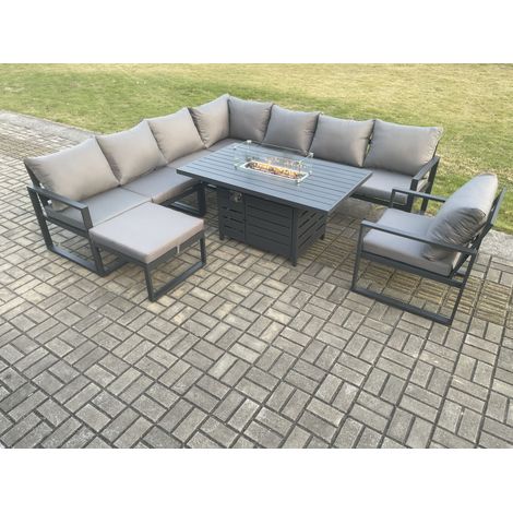 Fimous Aluminium 9 Seater Garden Furniture Outdoor Set Patio Lounge Sofa Gas Fire Pit Dining Table Set with Chair Big Footstools Dark Grey (1/5)