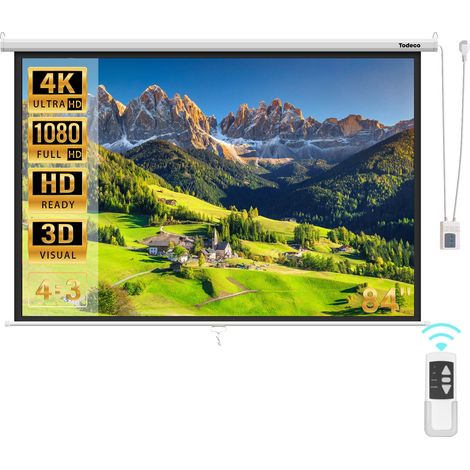 Todeco – Écran de projection motorisé 84 pouces – Télécommande sans fil – Format 4:3 – Résolution HD 4K 3D – Dimensions 128 x 170 cm