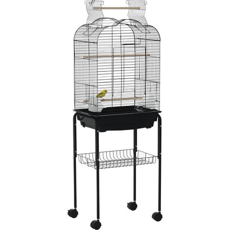 Cage à oiseaux sur roulettes 46 x 36 x 130 cm avec toit ouvrant et tiroir amovible étagère moderne épuré en acier noir (1/5)