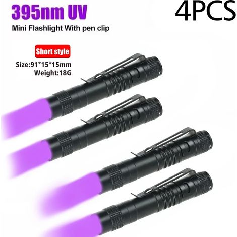 Lampe torche UV 395 nm avec clip stylo, fonctionne avec des piles AAA, émet une lumière violette, détecte l'urine animale et de scorpion, lampe UV courte - lot de 4 (1/5)