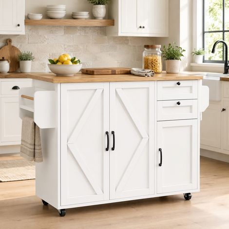 Isla de cocina 120/43,2/92 cm blanca con tablero abatible, cajones y ruedas con freno (1/5)