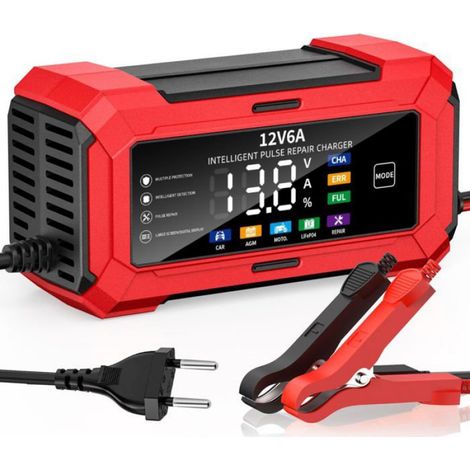 Chargeur Batterie Voiture 6A 12V, LiFePO4 Chargeur de Batterie pour Moto avec Réparation Automatisée, Charge Suspendue Maintien (1/4)