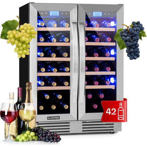 Klarstein Built-in Wine Cooler Drinks Fridge, 126L Dual Zone Wine Fridges, Wine Prosecco & Beer Bottles, Wine Fridge with Glass Door, Indoor/Outdoor Bar Fridge & Wine Cooler for Garden, 42 Bottles