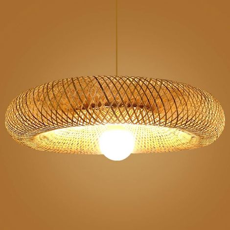 Lampe Suspendue en Faite à la Main Lustre de Décoration Rétro Abat jour Rotin pour Salle Manger 40CM Bambou (1/4)