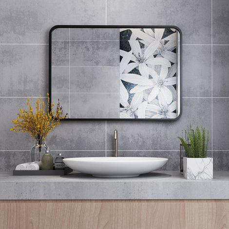 MIQU Badezimmerspiegel 80x60cm Badspiegel ohne Beleuchtung rechteckig Spiegel Schwarz Metallrahmen Wandspiegel für Badezimmer/ Wohnzimmer (1/5)
