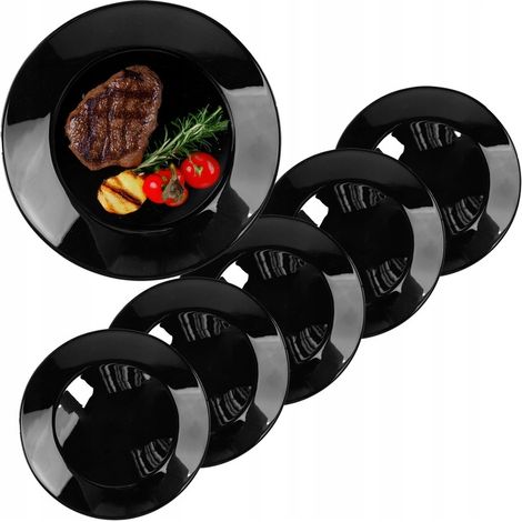 6x flache Speiseteller, schwarz, rund, 26,5 cm, Opalglas