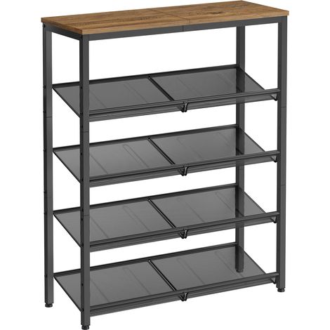 VASAGLE Étagère Chaussure 5 Niveaux, Porte-chaussures, avec Étagères Grillagées Réglables, Gain de Place, pour Entrée, Couloir, en Métal, Industriel, Marron Miel et Noir d'Encre (1/5)
