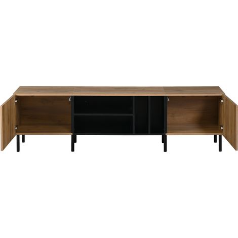 Meuble TV nature et noir 180x40x50 cm avec 2 portes push-to-open et 4 étagères ouvertes (1/5)