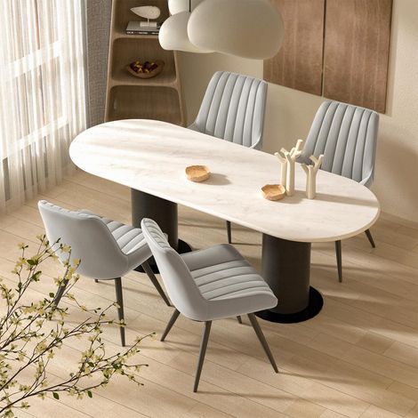 Lot de 4 chaises de salle à manger grises rembourrées, pieds métal, tissu doux (1/5)