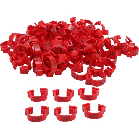 Bagues pour pattes de volaille|Numérotées de 001 à 100|20mm|Plastique|100 pièces|Rouge|Pour poulets, canards, pigeons, oies, cailles (1/5)
