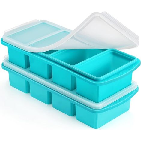 Recipiente de silicona para congelar con tapa，Recipiente de silicona para congelar de 1 taza，Bandejas grandes para cubitos de hielo，Paquete de 2