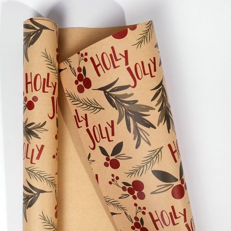 Rouleau de papier kraft grand format, style rétro, idéal pour emballer les cadeaux de Noël. Conditionnement : 43 cm de largeur x 3 m de longueur.