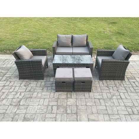 Fimous 6 Seater Outdoor Rattan Garden Furniture Set Patio Lounge Sofa Set with Coffee Table 2 Small Footstools Dark Grey Mixed (1/5)