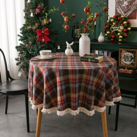 Mantel redondo cuadros, Mantel redondo vintage, fiestas Mantel cuadros, festiva Mantel, Mantel redondo borlas, mesa (tamaño: 120 cm), 120120 cm (1/5)