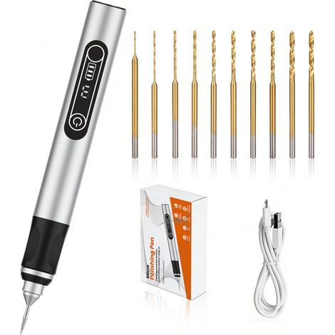 Micro Perceuse Electrique Rechargeable avec 10 Petits Forets, Mini Perceuse pour Résine, Bijoux, Circuit Imprimé, Cuir, Plastique, Pierre,Porte-Clés (1/2)