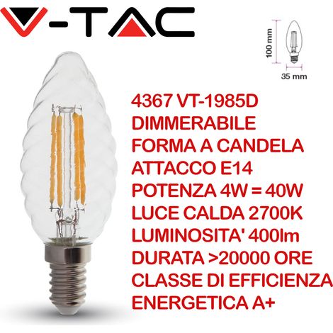 V-TAC VT-1985D 4367 Lampadina LED E14 4W Candela a Tortiglione a Filamento 2700K Dimmerabile (1/5)