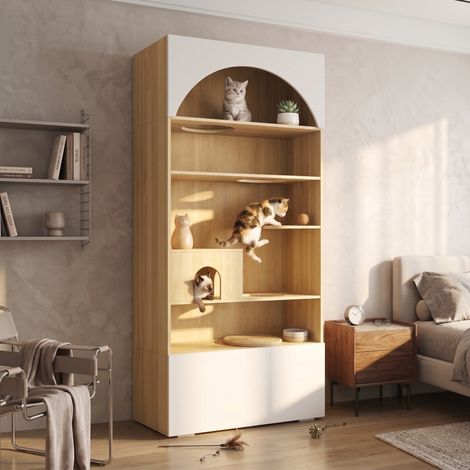 Mobile per gatti 90/50/200 cm bianco e legno, con rifugio e vani portaoggetti (1/5)