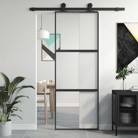 Porte coulissante noire, 76 x 205 cm, verre trempé et aluminium