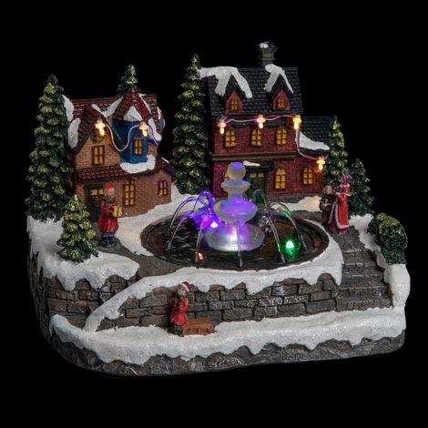 Weihnachtskrippe Winterdorf mit Springbrunnen, LED-Hintergrundbeleuchtung