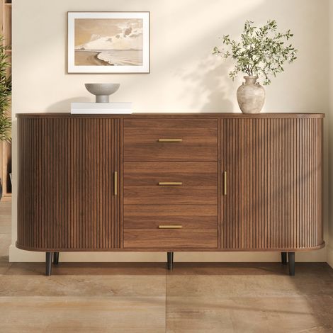 Aparador de salón 160 x 40 x 80.5 cm - tres cajones centrales - puertas correderas curvas con ranuras - estilo moderno - mdf - nogal (1/5)