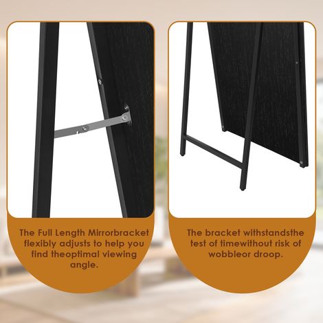 Miroir vertical en bois noir avec pied métallique ajustable, 160x50 cm, reflet précis, emballage renforcé, idéal pour maison et commerce, image nette et stable. (1/5)