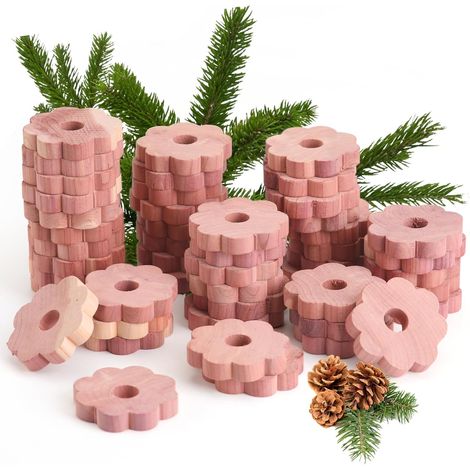 Anneaux en Bois de Cèdre, Protection Naturelle Contre Les Mites, Produit 100% Naturel, Motif Fleurs - Lot de 48 (1/5)