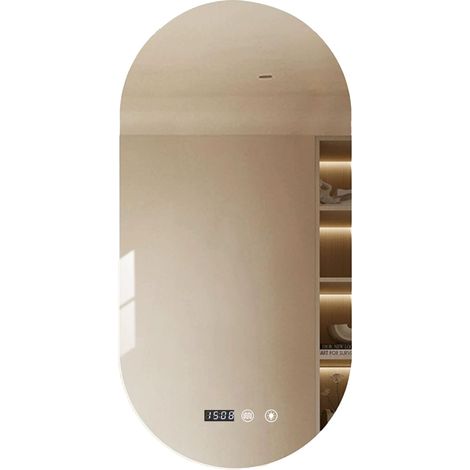Miroir Salle de Bain avec LED. Miroir Mural Ovale avec Anti-Buée, 3 Couleurs Réglables et Dimmable, avec Horloge et Température. Idéal pour la Salle de Bain ou Coiffeuse (Vertical – 50x90cm) (1/5)