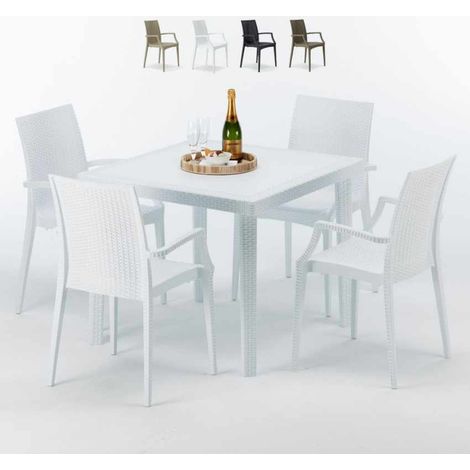 Grand Soleil – Ensemble table carrée blanche 90x90cm avec 4 chaises empilables – Polyrotin résistant – Usage extérieur professionnel – Design Made in Italy (1/5)