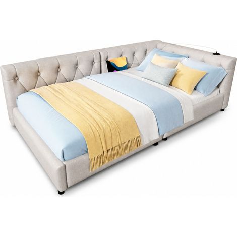 Divano letto 90x200 cm in lino e MDF beige con LED e USB-C, senza materasso - CHICFURN (1/5)