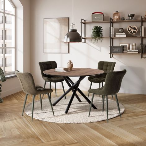 Table ronde design + 4 chaises tissu vert pieds métal noir - AMAEL (1/5)