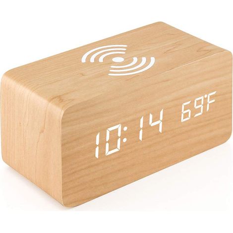 Sveglia digitale da tavolo a LED con display della temperatura e caricabatterie wireless - Personaggi in bambù e legno bianco (1/5)