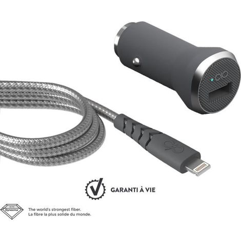Kit chargeur voiture rapide et câble 1.2m renforcé USB/Lightning C89 Force Power (1/4)