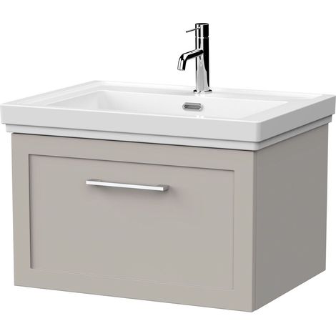 Stonnall Traditional Wall Hung 1 Drawer Vanity Unit with Traditional 1 Tap Hole Fireclay Basin, 600mm, Pebble Grey
