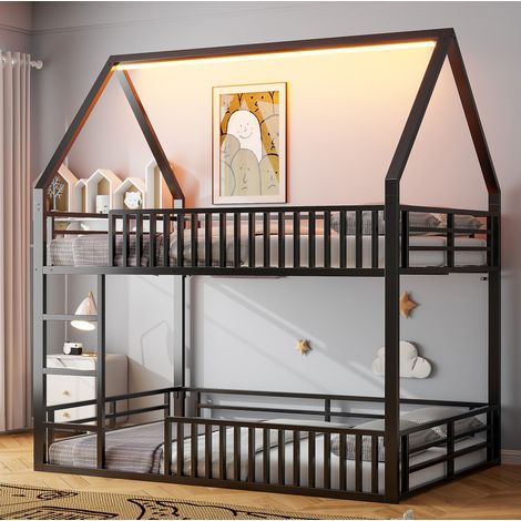 Lit cabane 140/200 cm noir en métal avec barrières et éclairage LED (1/5)