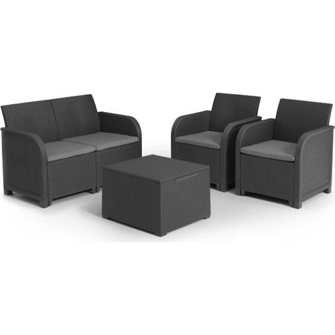 ALLIBERT by KETER - Salon de jardin SanRemo Storage 4 places - table basse coffre range-coussins - imitation rotin tresse - grap (1/5)